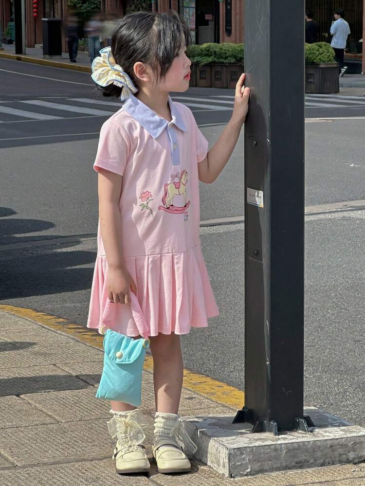 Young Girl Contrast Color Pleated Cartoon Graphic Short Sleeve Dress, Summer Outfits, For Back To School