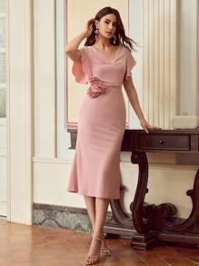 ZEYLAH Women's Elegant 3D Floral Color Block Ruffled Sleeve Dress - Pink - View 2