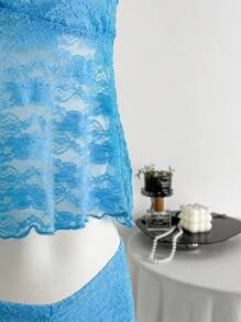 Zolique Letni styl wakacyjny Niebieski koronkowy marszczony biust otwarty tył wiązanie na szyi koszulka - Miętowy niebieski - Zobacz 6