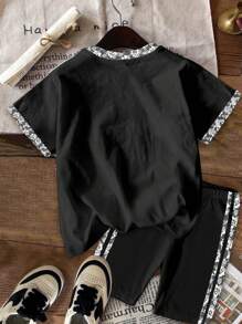 SHEIN Leap Crew Bộ 2 chiếc/Bộ áo thun tay ngắn in họa tiết số 23 đơn giản cho bé gái tuổi teen, trang phục thể thao dễ thương, phong cách mùa hè - Nhiều màu - Xem 3