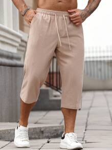 Manfinity Homme Pantalones casuales de verano para hombre de unicolor con cintura elástica, cordón y bolsillos - Caqui - Ver 3