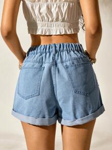 Easelle Casual Outdoor Women's Butterfly Print Distressed Pocket Denim Shorts - Blue - View 2