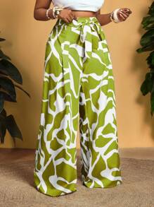 Slaydiva Pantalones casuales de pierna ancha estampados por todas partes y sueltos, ideales para vacaciones, tallas grandes
