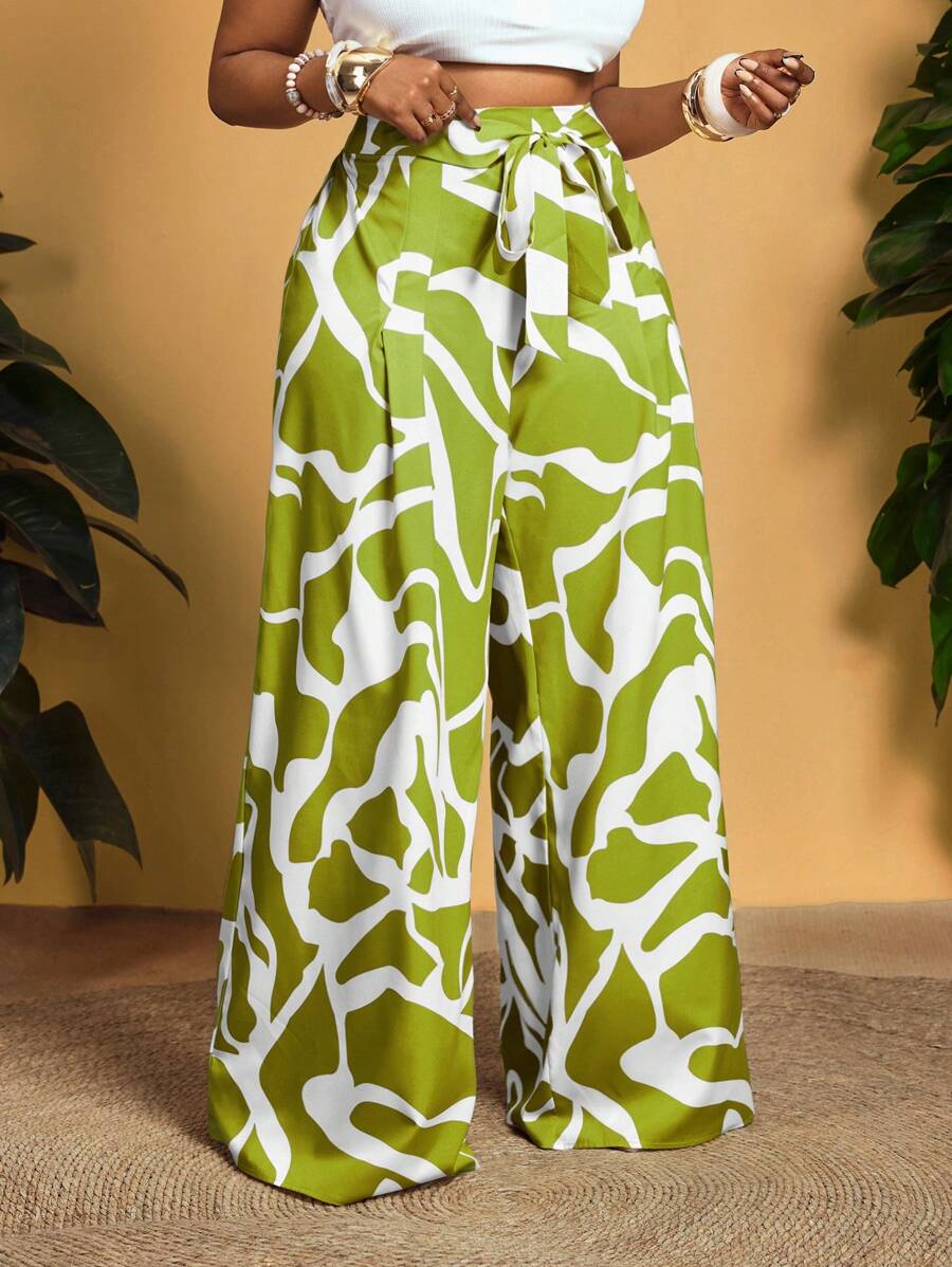 Slaydiva Pantalones casuales de pierna ancha estampados por todas partes y sueltos, ideales para vacaciones, tallas grandes
