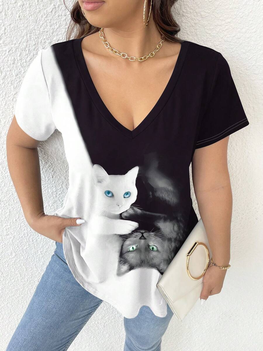 SHEIN LUNE Damen Große Größen V-Ausschnitt Kontrastfarben Katze Muster Sommer Kurzarm T-Shirt