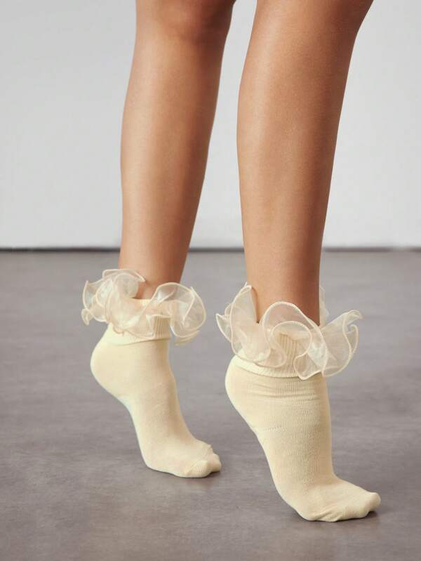 ROMWE Kawaii 1 Pair Women Floral Lace Hem Reversible Yellow Mid-Calf Socks