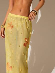 Glamine 夏季性感透视超长拖地3D花裙，海岛沙滩派对花卉印花裙，透视拖地长裙 - 黃色 - 查看 6