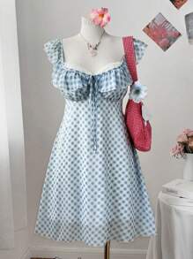 Flirla 大码女式格子印花撞色蕾丝荷叶边下摆方领夏季迷你连衣裙