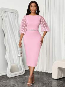 SHEIN Lady Pink Solid Color Dress Butterfly Three-Dimensional Flower Lantern Sleeves Slim Fit Dress Birthday&Event Dresses - Pink - View 6