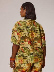 MUSERA Plus Size Button Up Printed Linen Look Short Sleeve Shirt Swim, Holiday, Vacation, Summer, Beach, Sexy, Cute