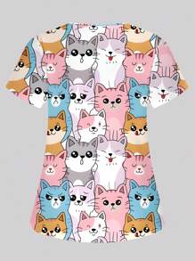 PopScrub Plus Size Colorful V-Neck Short Sleeve Dual Pocket Side Split Cute Cartoon Animal Head Print Nurse/Doctor Uniform Top Scrub Top, Health Check/Surgery Uniform Top, Pet Grooming Uniform Top Scrub Top, Nutritionist Work Wear, Lab Coat With Multi-Pockets, Functional Work Versatile Summer Top - Multicolor - View 2