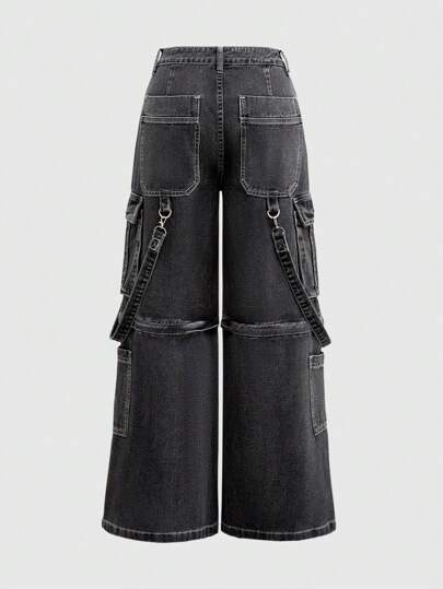 Grunge Punk Women's Solid Color Fashion Pocket Decor Casual Loose Wide Leg Jeans