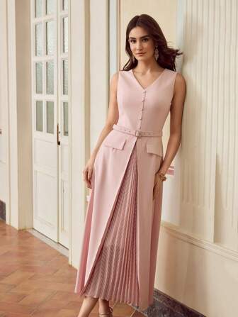 ZEYLAH V领拼布褶腰优雅无袖连衣裙