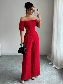 Elenzga 女式夏季新款露肩束腰蝴蝶结连体裤，采用纹理面料制成 - 紅色 - 查看 6