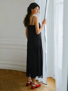 lacRébo 黑色宽松梭织长裙，配有细肩带和透明拼接度假连衣裙外出连衣裙 - 黑色 - 查看 4