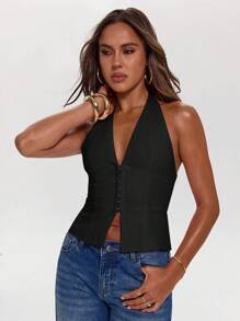 SHEIN BAE Women Solid Sleeveless Halter Neck Casual Tank Top - Black - View 5