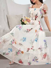 Modelyn Vestido largo con volantes en el bajo, impresión digital para mujeres