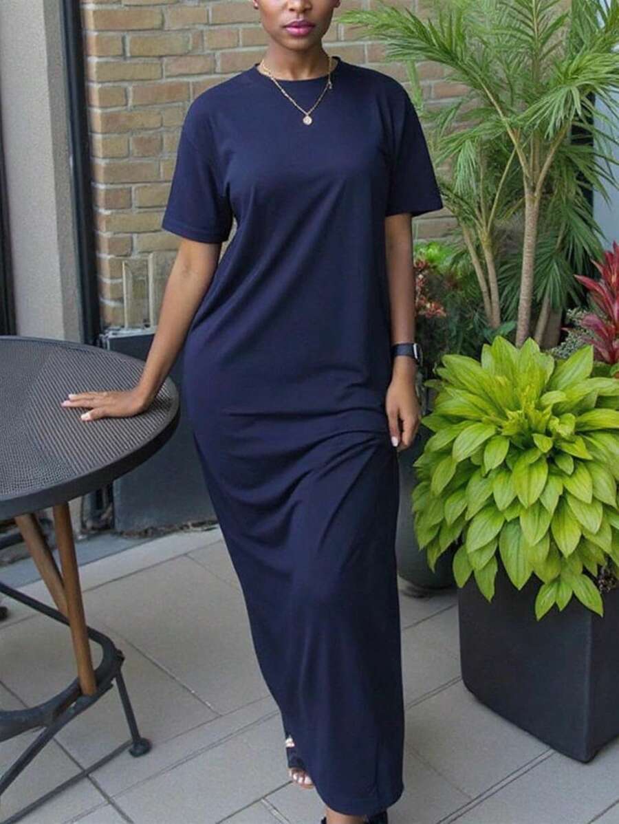 INAWLY Solva 女士休闲纯色圆领短袖长裙，夏季 - 藏蓝色 - 查看 1