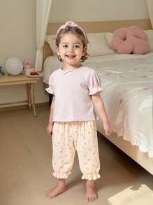 2pcs Baby Girls Casual Solid Color Beige Short Sleeve Top And Floral Print Beige Pants Set, Comfortable Home Outfit - Multicolor - View 3