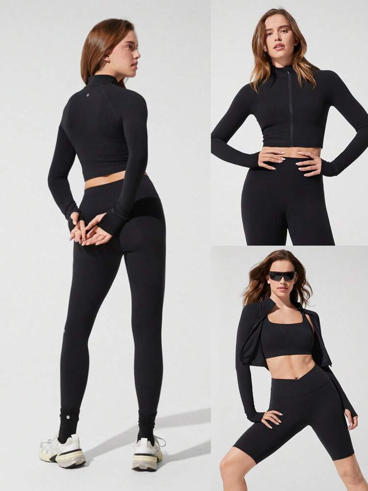 FeatherFit™ Studio Stamina Swea -Wicking Slim Fit Long Sleeve Thumbholes Cropped Zip Active Jacket Low Impact Yoga Pilates Studio Daily Casual Wear