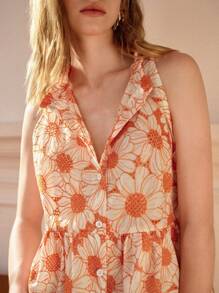 Écloséra 法式复古白色打底配亮黄色刺绣领口荷叶边无袖A字荷叶边下摆短款衬衫裙女夏日度假约会浪漫黄色连衣裙 - 黃色 - 查看 4