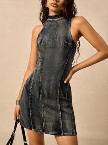 Easelle 女式无袖流苏修身挂脖牛仔连衣裙 - 藍色 - 查看 7