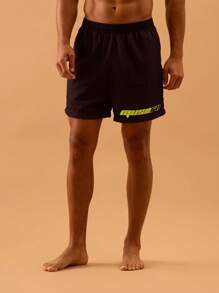 Musero 男士褶皱泳裤，运动风品牌图案，松紧腰带，适合夏季春季度假海滩泳池边穿着。 - 黑色 - 查看 3