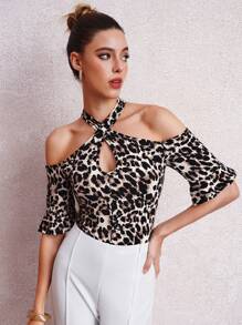 Lavishia 女款豹紋露肩領口高顯瘦T恤 - 彩色 - 查看 5