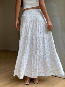 SHEIN EZwear Women Floral Print Elastic Waist Ruffled Hem A-Line Skirt