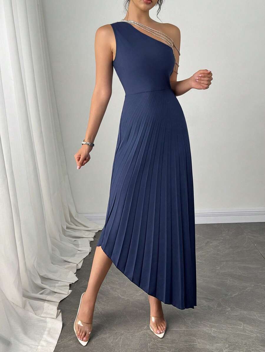 Firerie Váy Maxi xếp ly lệch vai bất đối xứng, giản dị thanh lịch mới cho nữ/Váy có viền bất đối xứng/Váy xanh/Váy mùa hè cho nữ/Quần áo mùa hè/Váy mùa hè cho kỳ nghỉ/Quần áo lễ hội/Trang phục câu lạc bộ gợi cảm cho nữ/Trang phục giáo viên cho nữ/Quần áo dự tiệc Váy tiệc trà