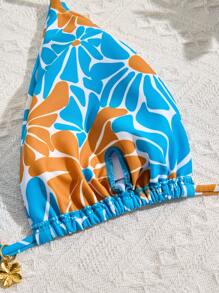 Women Retro Daisy Print String Tie Halter Neck Tankini Swimsuit Set For Summer Beach Vacation - Multicolor - View 6