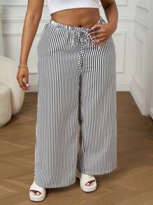SHEIN PETITE CURVE Plus Size Striped Pants, Fashionable For Summer Vacation For People Of Shorter Stature Country Concert - Black - View 4