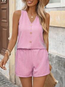 SHEIN LUNE Conjunto de 2 piezas de top de tirantes de rayas y pantalones cortos casuales para vacaciones de mujer - Multicolor - Ver 7