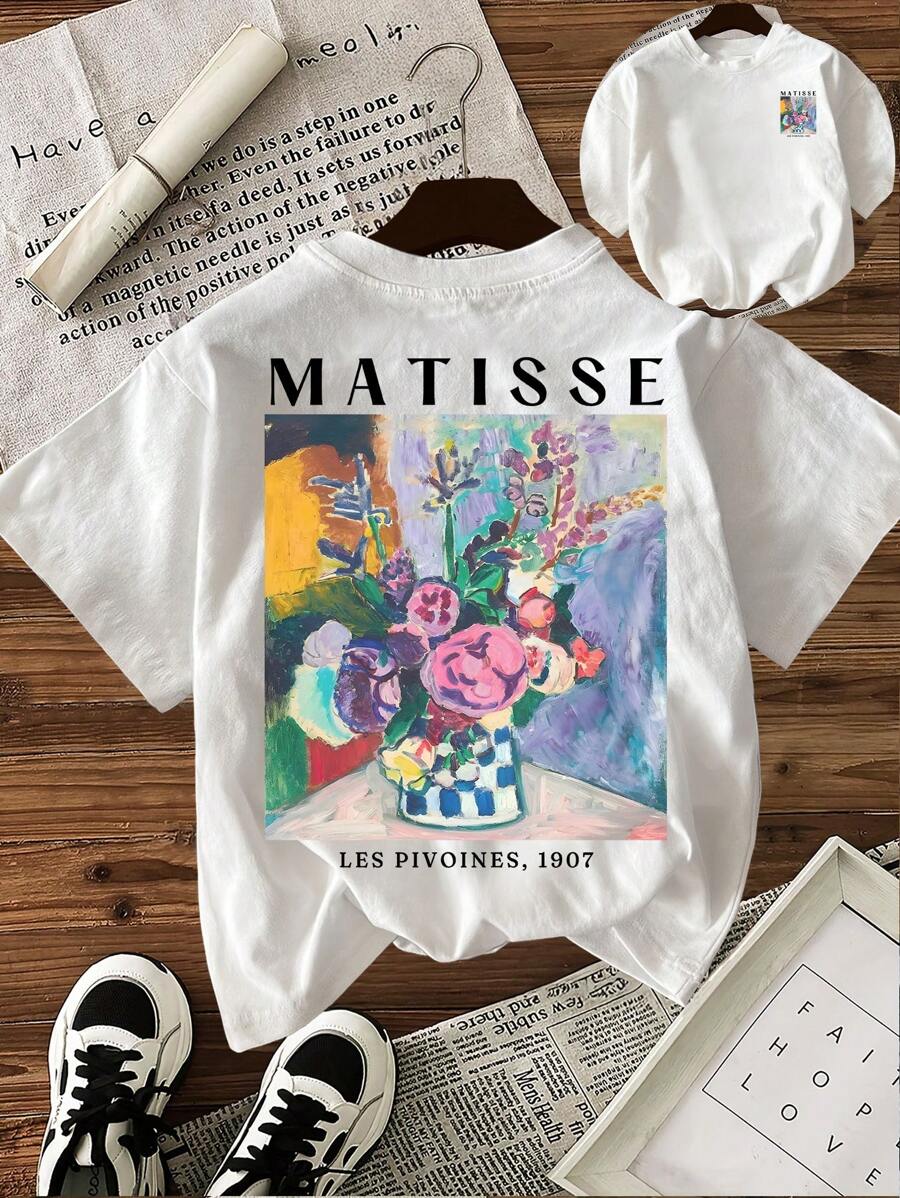 女士圆领短袖T恤，简约时尚，适合夏季 - 白色 - 查看 1