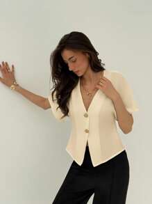 Aloruh Áo sơ mi trơn tối giản, tay cánh dơi, cài nút đôi, thanh lịch - Màu be - Xem 5