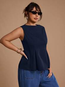 SHEIN Unity 大码女式夏季生日休闲外出时尚休闲飘逸下摆背心，荷叶边上衣 - 藏蓝色 - 查看 4