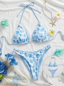 Swim Mod Women's Ocean Theme Reversible Blue Bikini Set For Summer Beach Vacation - Multicolor - View 1