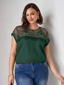 SHEIN Clasi Plus Size Lace Splice Solid Color Casual Short Sleeve Shirt - Dark Green - View 1
