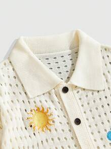 ROMWE MEN Casual Men's Vacation Palm Tree Print Hollow-Out Single-Breasted Knit Shirt - White - View 3