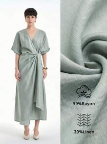 Aalyst 土色调杏色女士简约休闲编织裹身设计 V 领蝙蝠袖长裙，天然舒适面料，适合春夏季