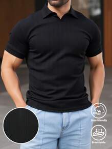 Manfinity Homme Men's Casual Solid Color Ribbed Polo Shirt, Summer Polo Shirts For Men Polos For Men - Black - View 5