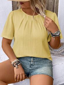 SHEIN LUNE Plus Size Women Casual Solid Color Round Neck Short Sleeve Blouse For Summer