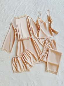 四件套蕾丝拼接仿丝吊带背心、短裤、长裤、系带睡袍睡衣套装，秋冬服装 - 香檳色 - 查看 3