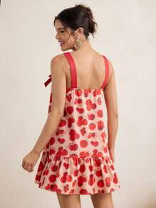 VALERIA GALIPOLI Square Neck Mini Dress A-Line Ruffles Wide Straps Bow Denim Effect Women Summer Vacation Beach - Multicolor - View 2