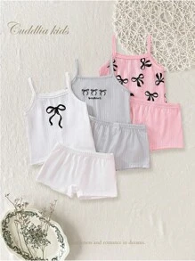 Young Girl 3-Piece Butterfly Ribbon Print Cami Top And Brief Panty Underwear Set, Pink/White/Grey Combination, Recommended To Order One Size Up As The Garment Size Runs