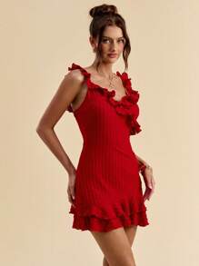 SHEIN BAE Women's Summer Solid Red V-Neck Ruffle Trim Camisole Dress/Summer Dresses For Women/Prom Dress/Graduation Dress/Red Dress