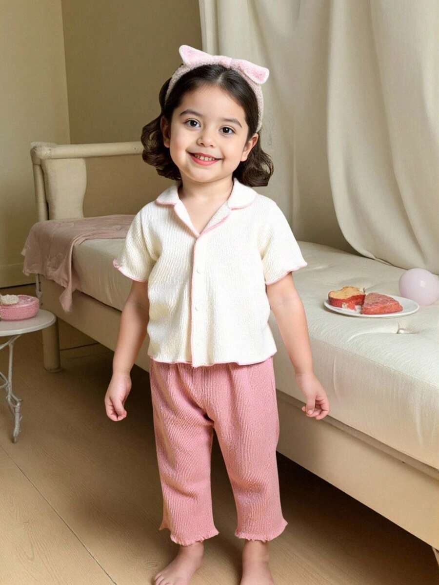 2pcs Baby Girls Casual Apricot Short Sleeve Top And Pink Loose Pants Comfortable Home Set - Multicolor - View 1