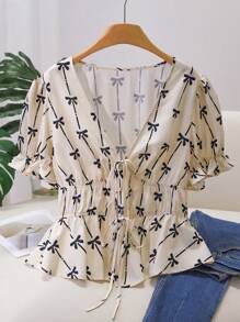 CosyJoli Plus Size Women's Summer Bow Print Front Tie Short Puff Sleeve Shirt