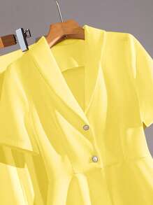 SHEIN Clasi 2pcs Women's Elegant Solid Color Button Ruffle Hem Short Sleeve Top And Pants Suit Sets - Yellow - View 5