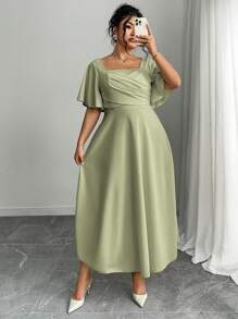 Modelyn 大码针织红色短袖收腰A字连衣裙 - 綠色 - 查看 4